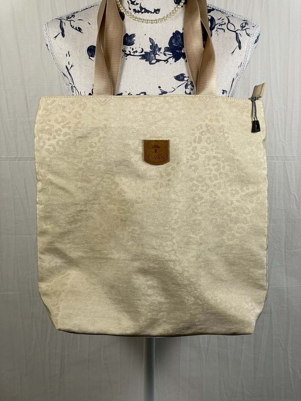 ESVAN Beige Leopard Print Large Tote Bag with Turquoise Lining